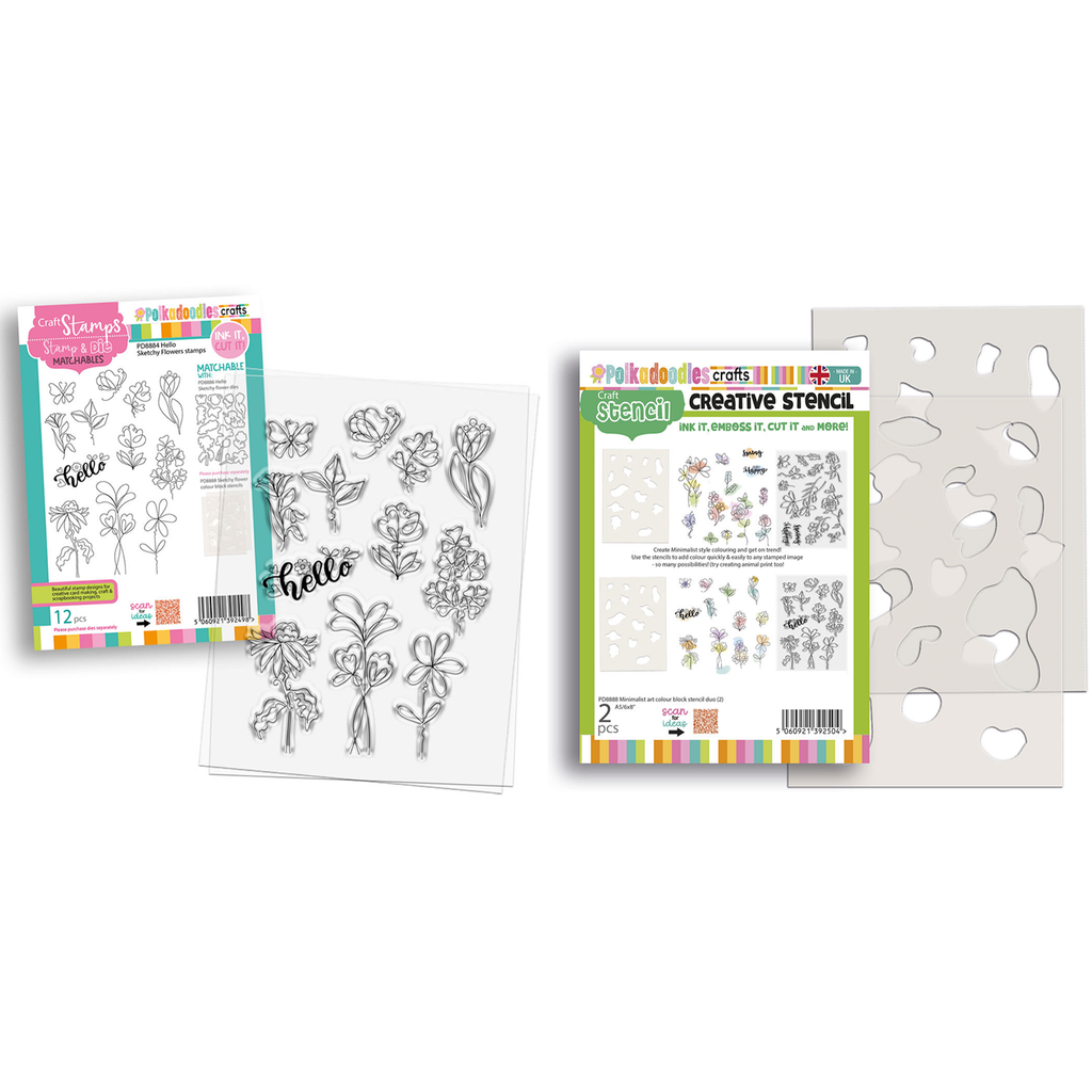 Polkadoodles Hello Sketchy Flower Color Bloc Stamp and Stencil Bundle
