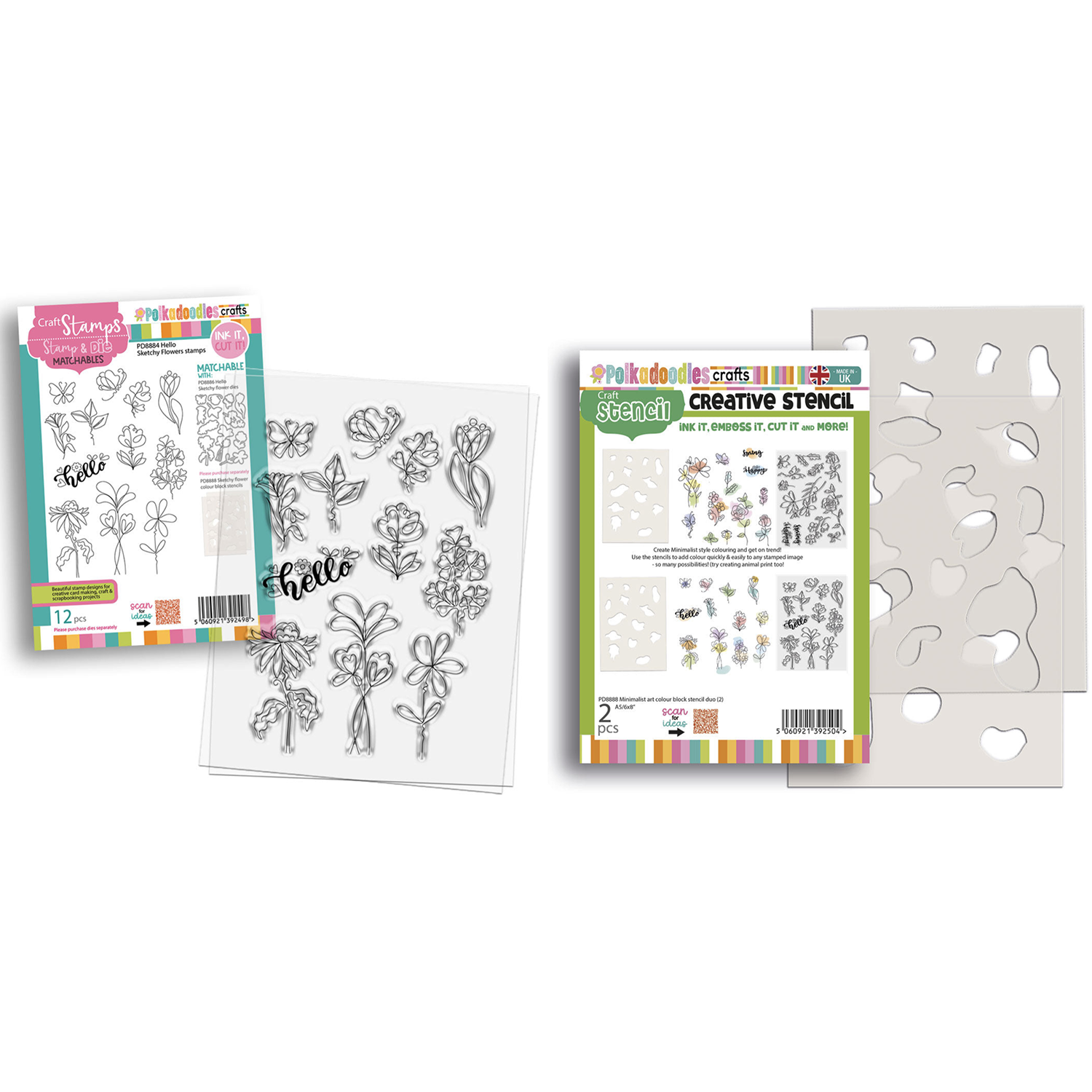 Polkadoodles Hello Sketchy Flower Color Bloc Stamp and Stencil Bundle