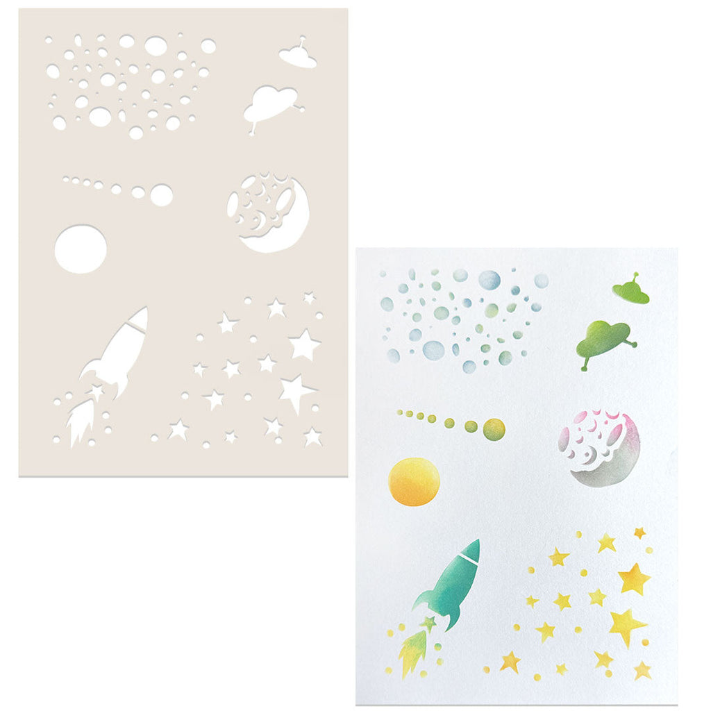Polkadoodles Into Space Rockets, Planet and Aliens 6x8 Stencil pd9139 color