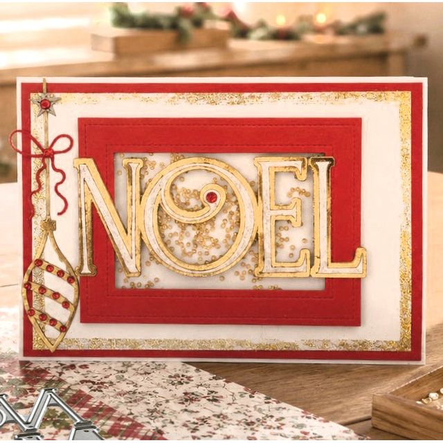 Polkadoodles Noel Text Dies pd9182 red and gold ornament holiday card