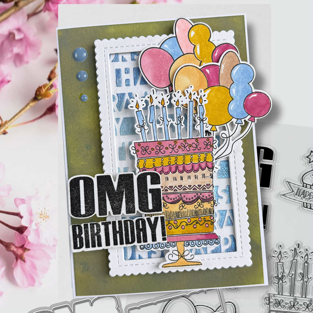 Polkadoodles OMG Birthday Stamp and Die Bundle cake