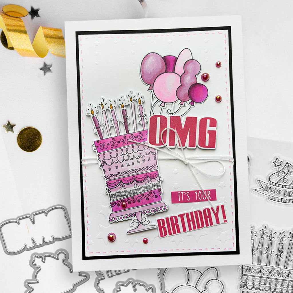 Polkadoodles OMG Birthday Stamp and Die Bundle cake candle cake