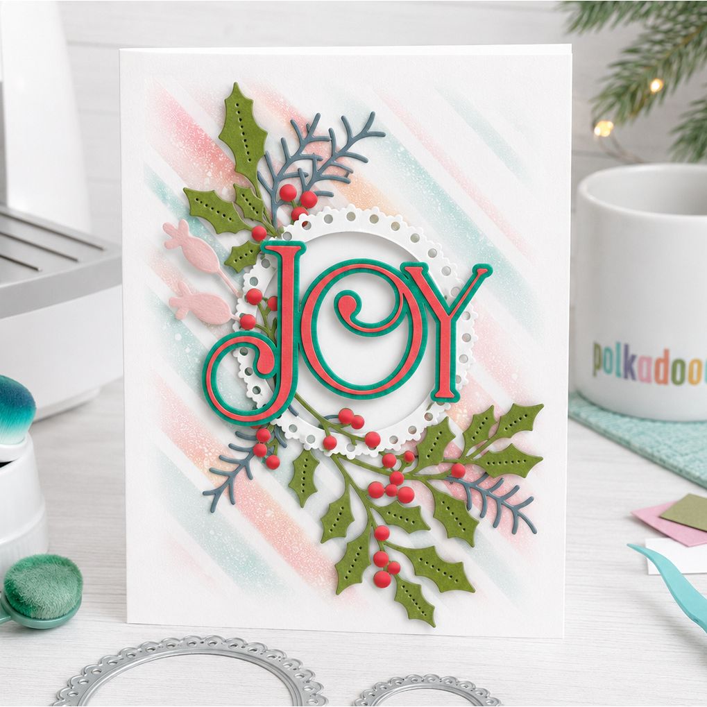 Polkadoodles Pretty Scallop Oval Nesting Dies pd9198 joy and holly card