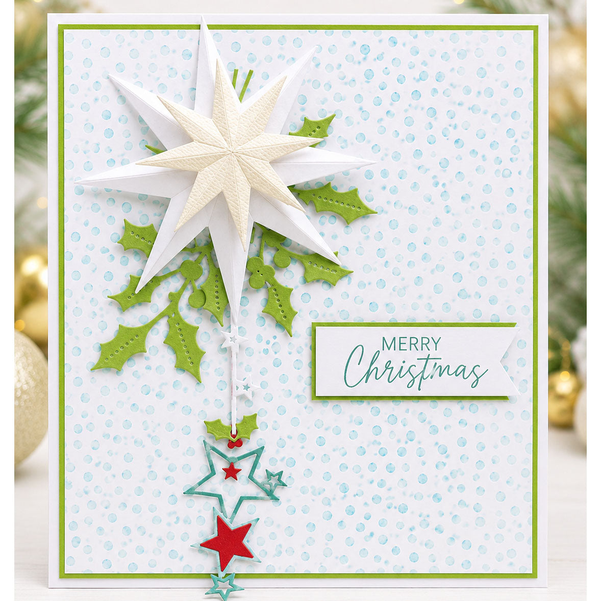 Polkadoodles Sculptured Stars Dies pd9194 merry christmas holly snow card