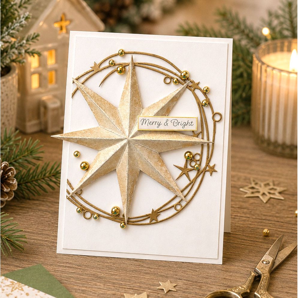 Polkadoodles Sparkling Wreath and Stars Dies pd9197 merry and bright gold star card