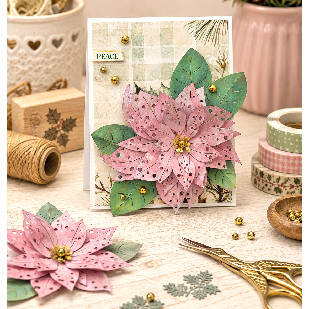 Polkadoodles Sweet Poinsettia Flower Dies pd9184 pink flowers peace card