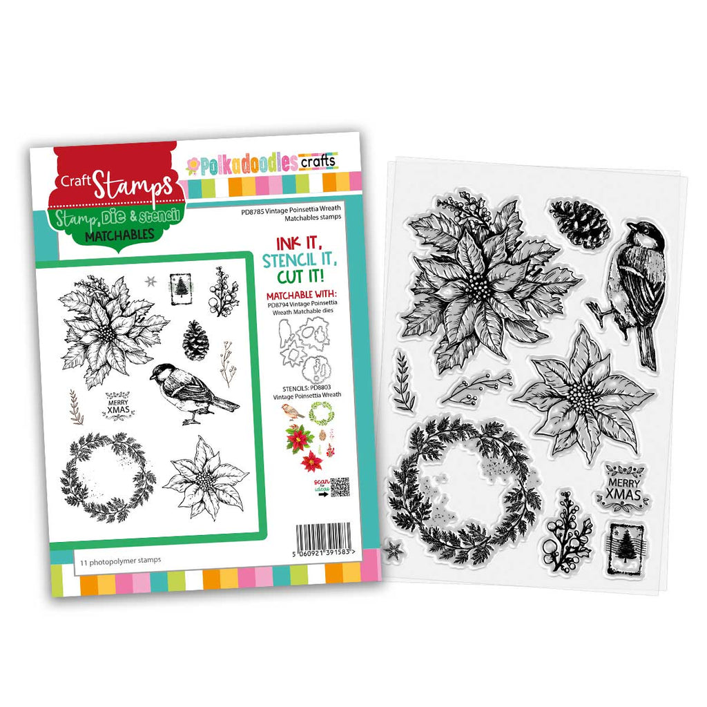 Polkadoodles Vintage Poinsettia Wreath Clear Stamps pd8785