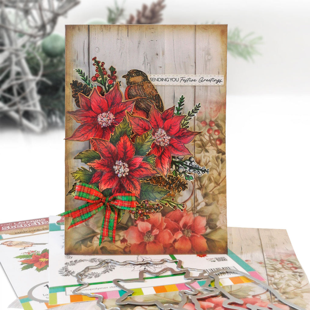Polkadoodles Vintage Poinsettia Wreath Clear Stamps pd8785 bird