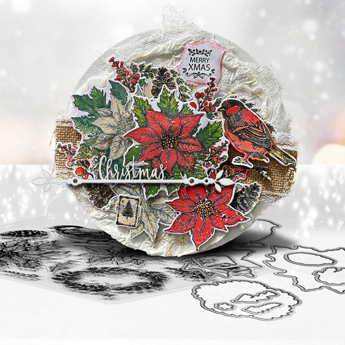 Polkadoodles Vintage Poinsettia Wreath Clear Stamps pd8785 stacked