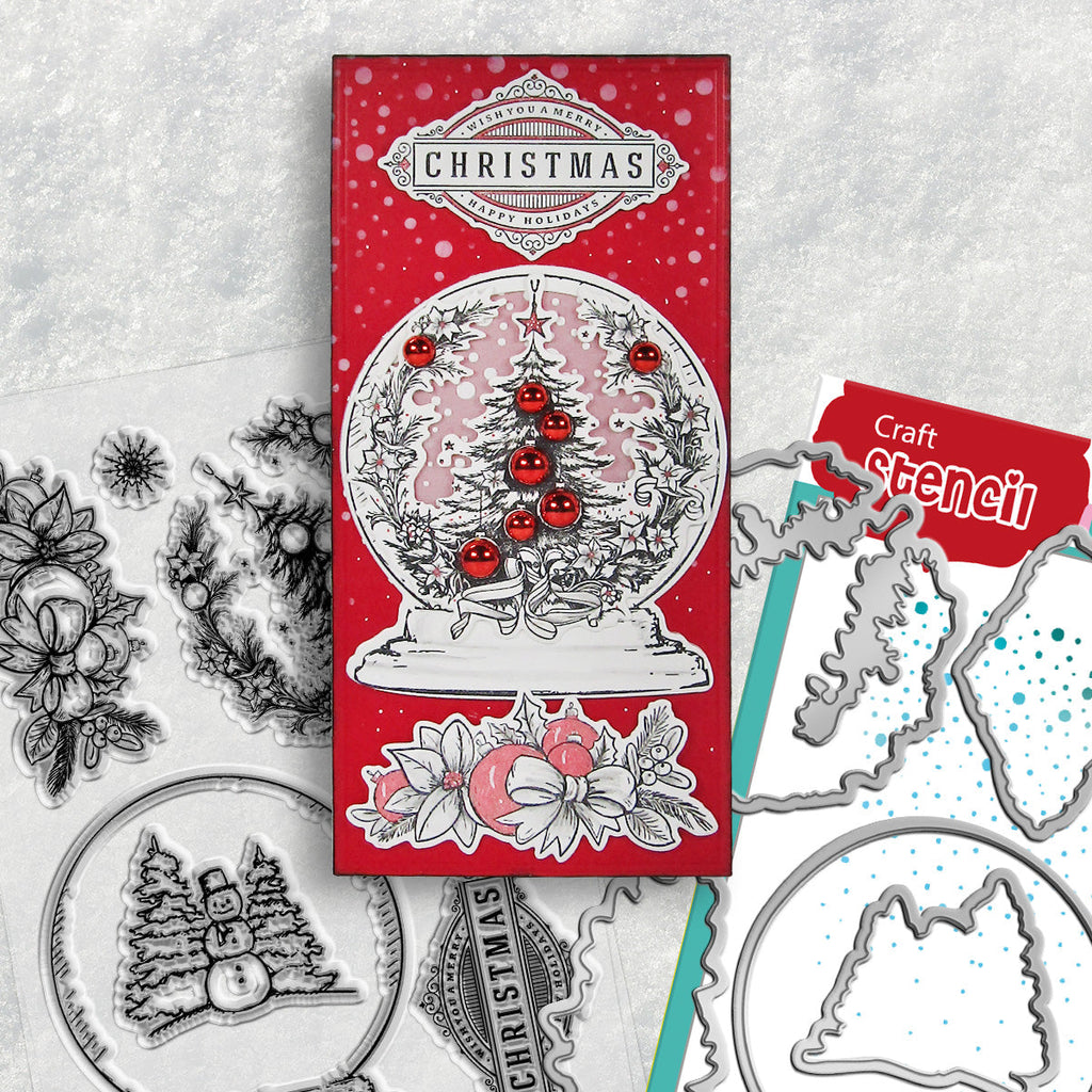 Polkadoodles Vintage Snowglobe Wreath Stamp and Die Bundle red