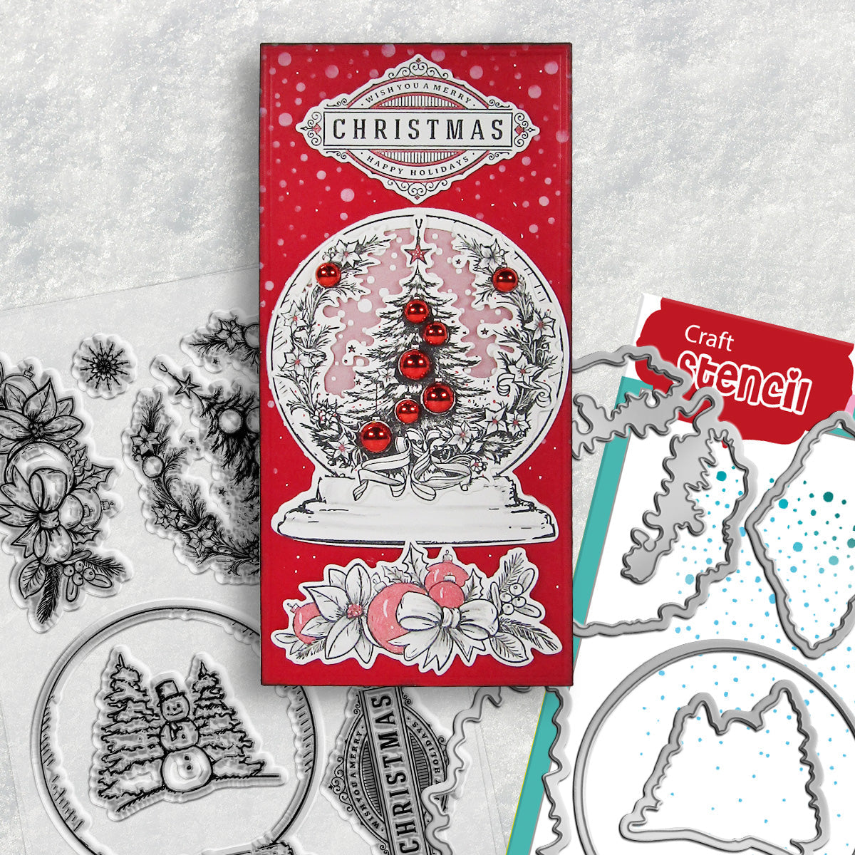 Polkadoodles Vintage Snowglobe Wreath Stamp and Die Bundle red