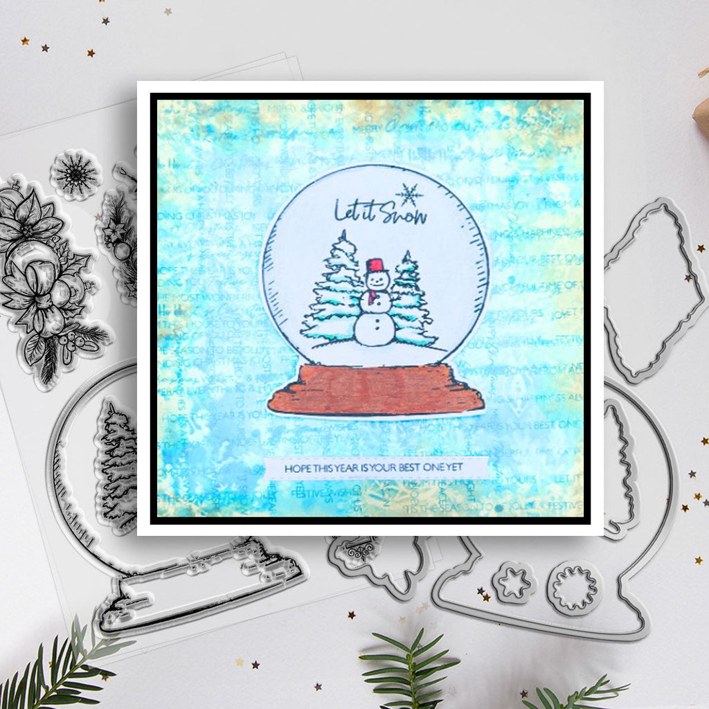 Polkadoodles Vintage Snowglobe Wreath Stamp and Die Bundle snowman
