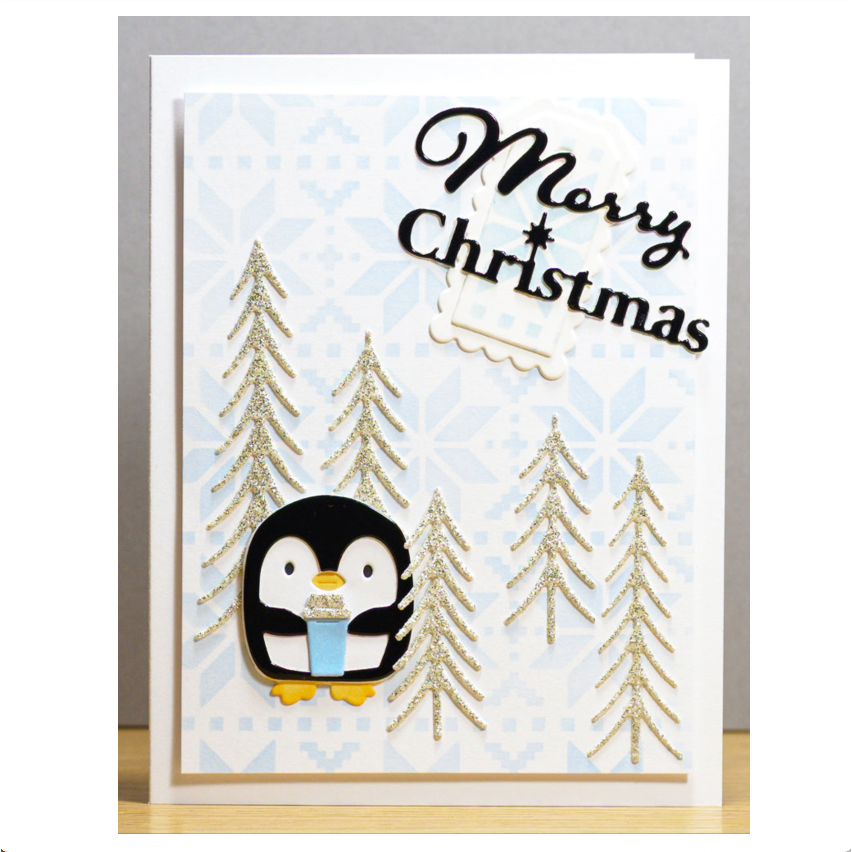 Poppy Stamps Coffee Penguin Dies 2801 merry christmas glitter trees card