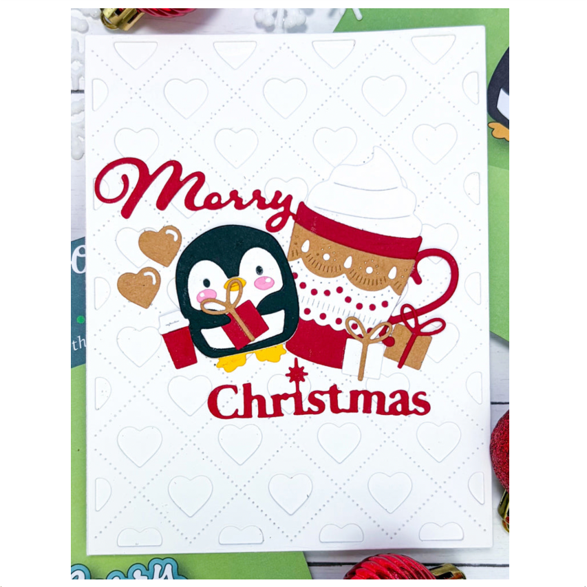 Poppy Stamps Coffee Penguin Dies 2801 merry christmas heart background card