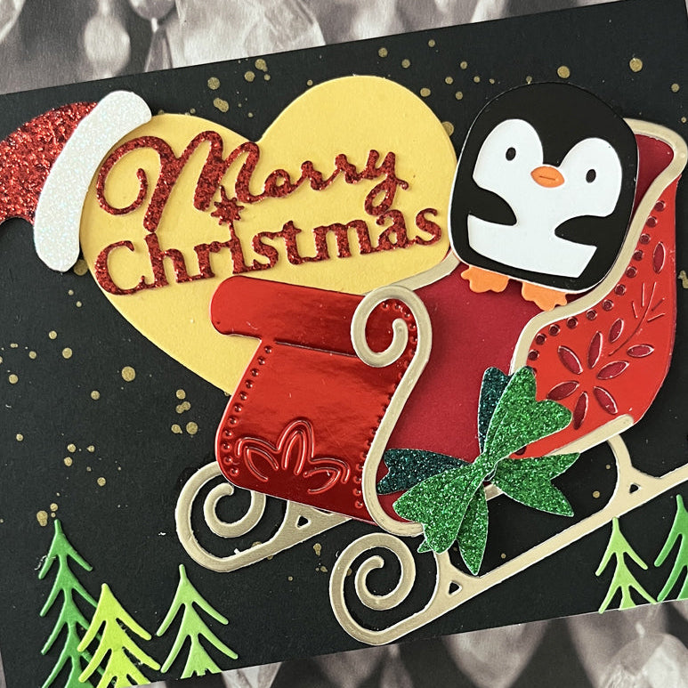 Poppy Stamps Coffee Penguin Dies 2801 penguin in a sleigh card