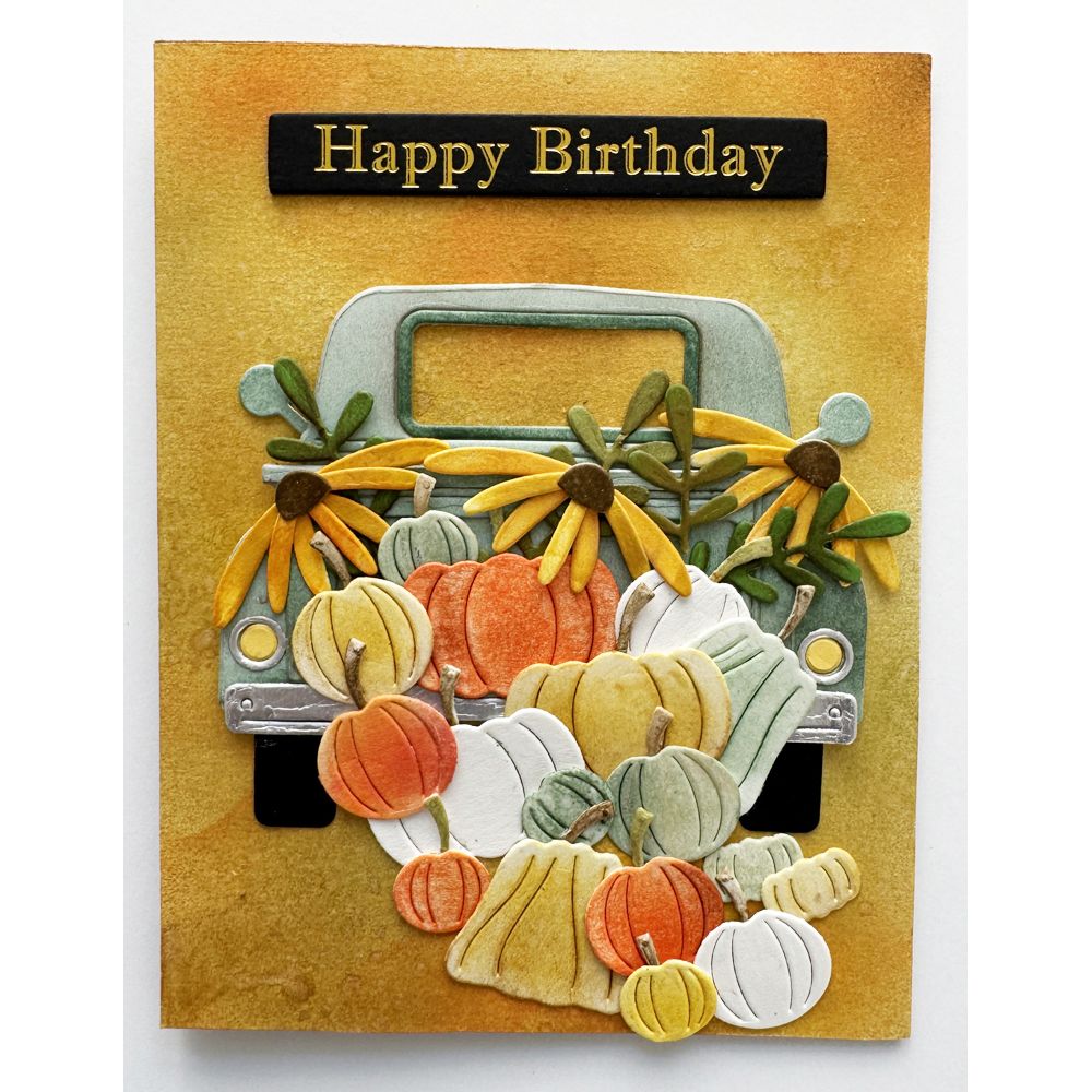 Poppy Stamps Country Pickup Dies 2788 flowers and pumpkins in back of truck birthday card
