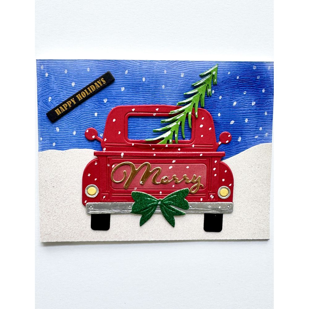 Poppy Stamps Country Pickup Dies 2788 green bow snow tree in truck happy holidays card