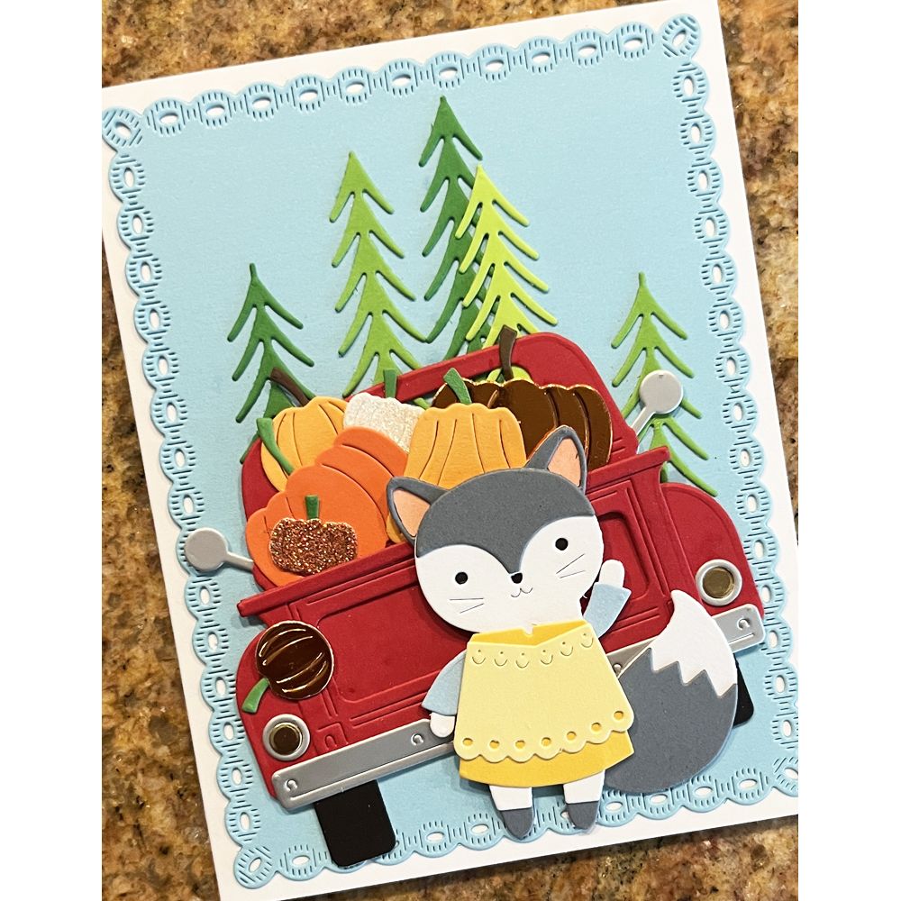 Poppy Stamps Country Pickup Dies 2788 pumpkins in truck fox with dress 
