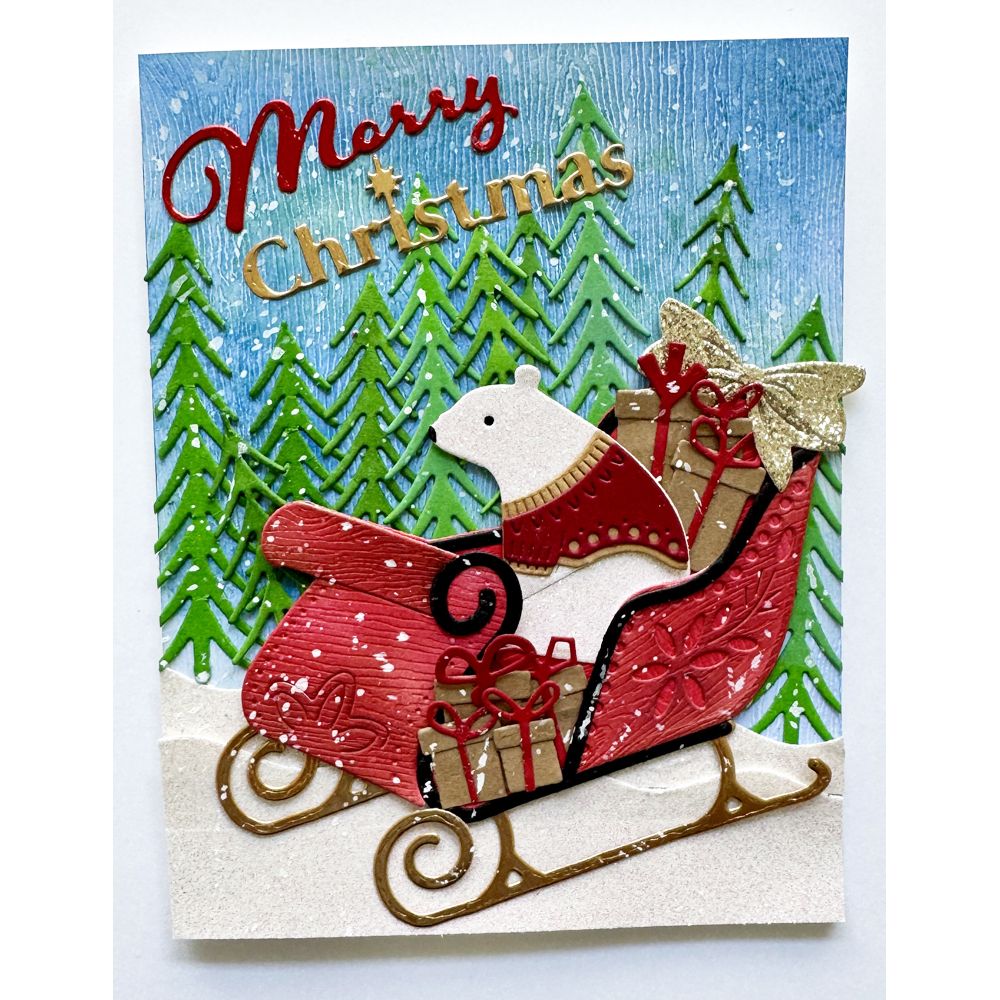 Poppy Stamps Luxury Sleigh Dies 2793 polar bear with gifts gold bow tree christmas card