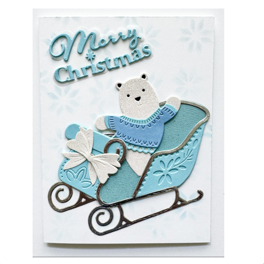 Poppy Stamps Merry Christmas Fluffy Script Dies 2806 blue sleigh merry christmas card