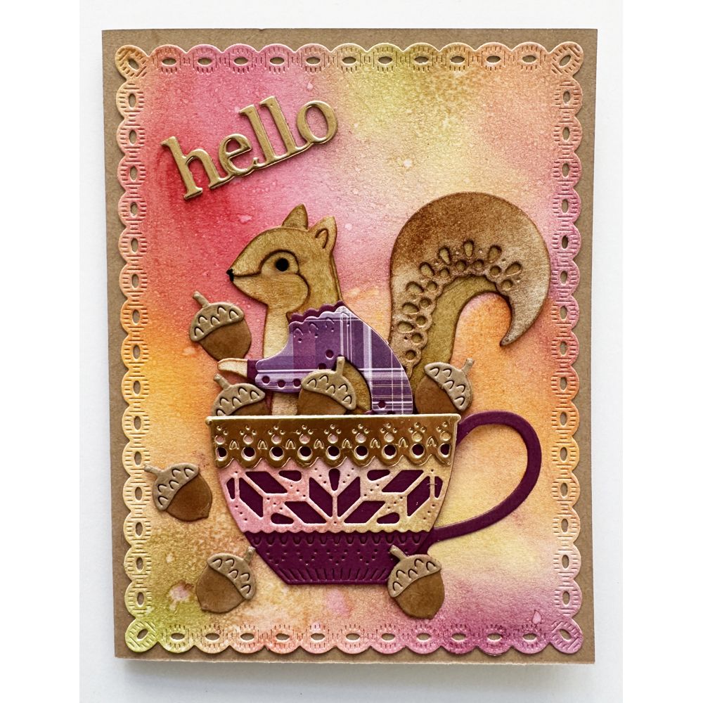Poppy Stamps Nordic Acorn Squirrel Dies 2795 acorns in tea cup hello card