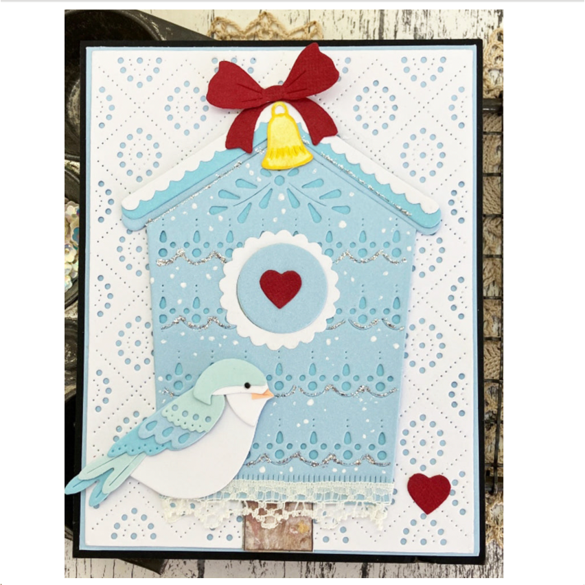 Poppy Stamps Nordic Birdhouse Dies 2802 blue bird birdhouse card