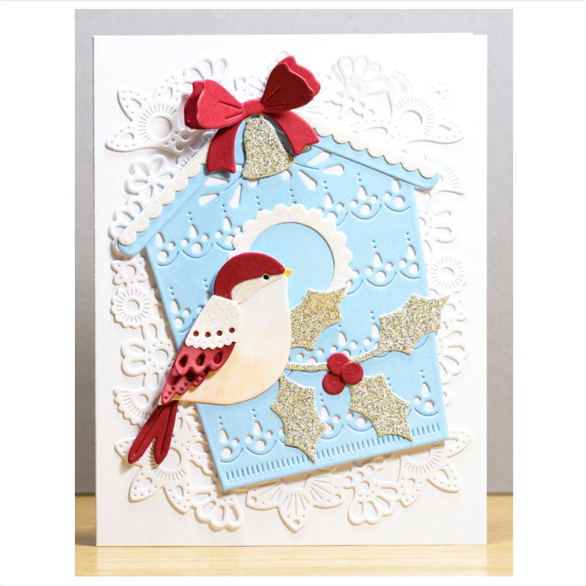 Poppy Stamps Nordic Birdhouse Dies 2802 gold leaves red bow card