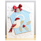 Poppy Stamps Nordic Birdhouse Dies 2802 gold leaves red bow card