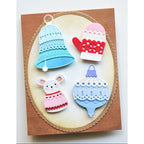 Poppy Stamps Nordic Drop Ornament Dies 2808 blue bell pink mitten mouse with sweater card