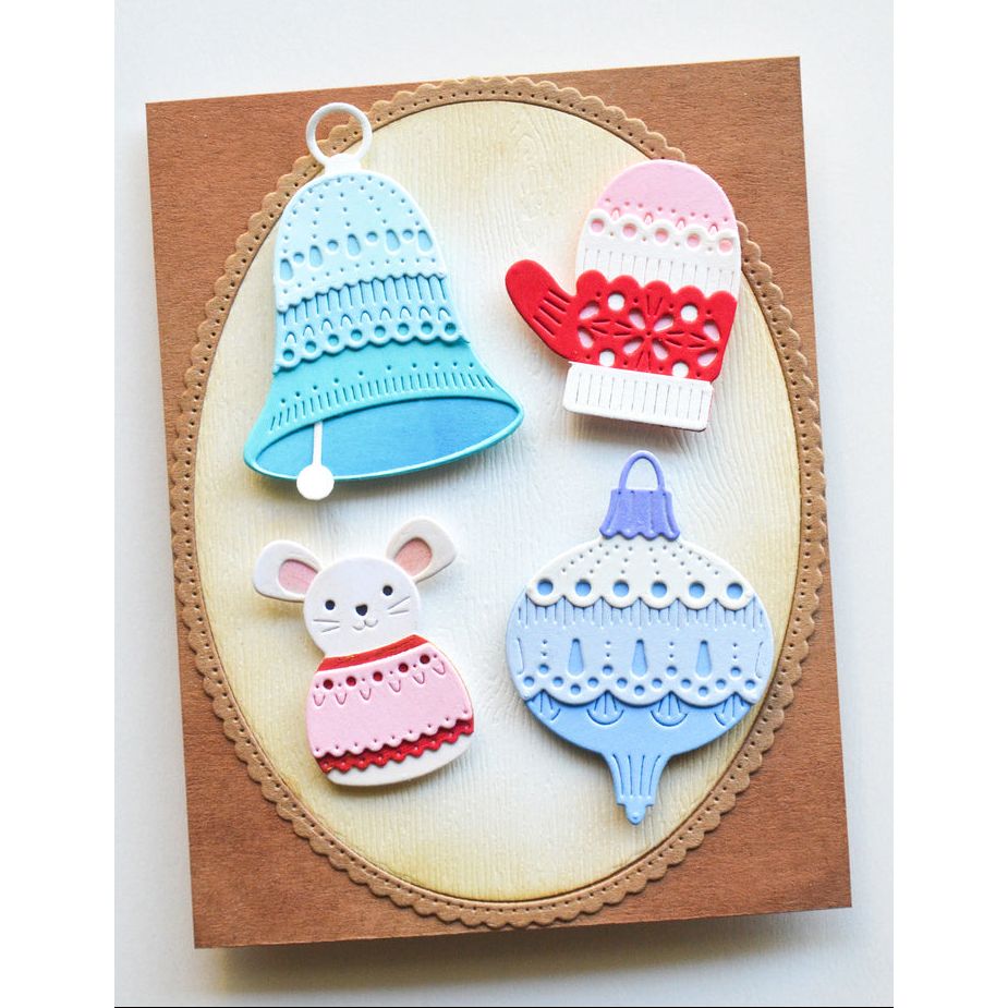 Poppy Stamps Nordic Drop Ornament Dies 2808 blue bell pink mitten mouse with sweater card