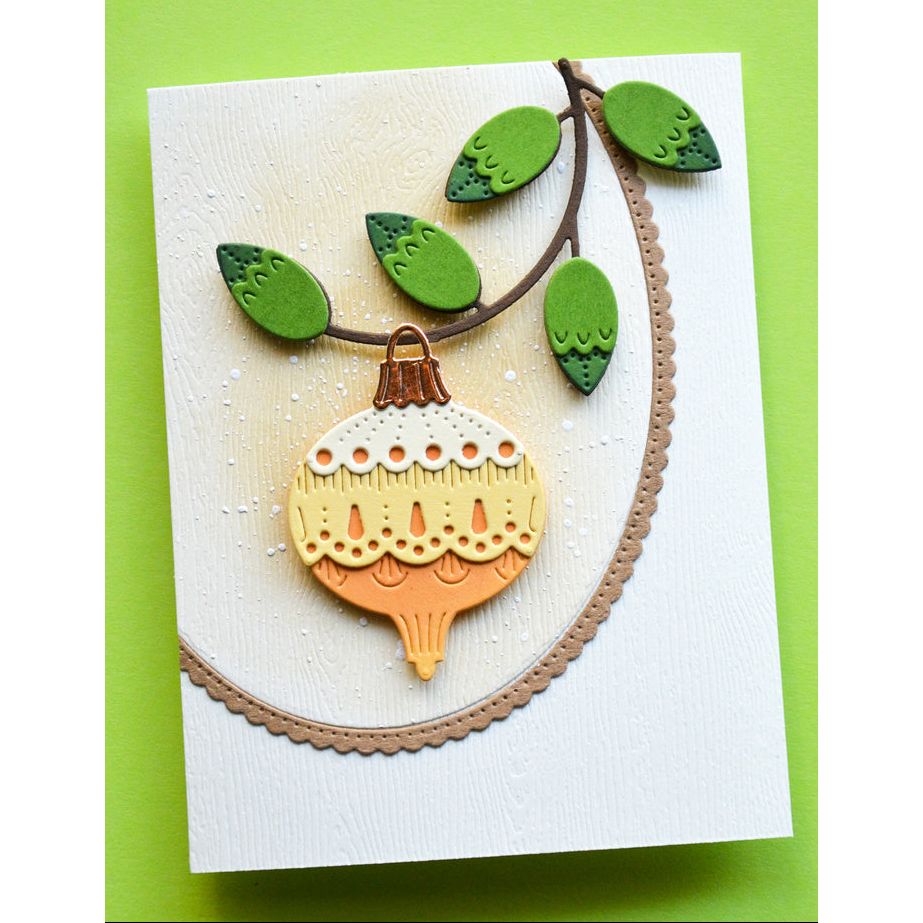 Poppy Stamps Nordic Drop Ornament and Ribbon Bundle branch with green leaves white splatters card