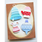 Poppy Stamps Nordic Fancy Bell Dies 2805 pink mittens mouse in sweater blue ornament card