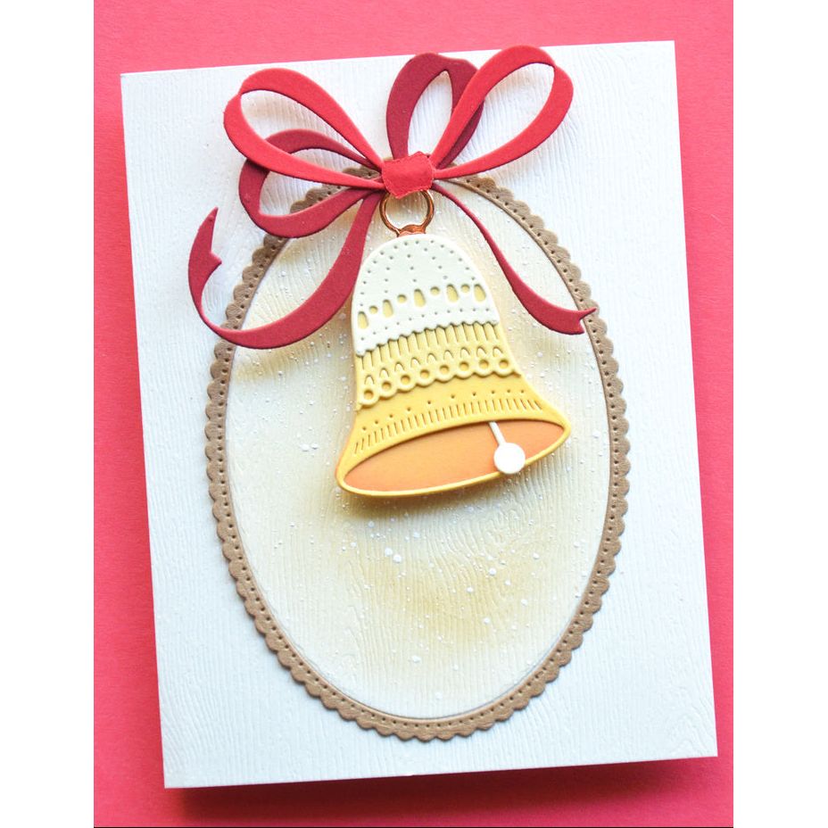 Poppy Stamps Nordic Fancy Bell and Ribbon Die Bundle red bow yellow bell wood gran background card