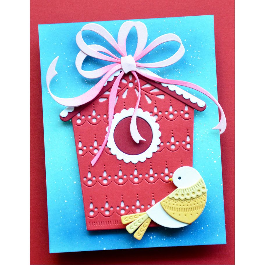 Poppy Stamps Nordic Fancy Bell and Ribbon Die Bundle yellow bird red bird house pink bow card