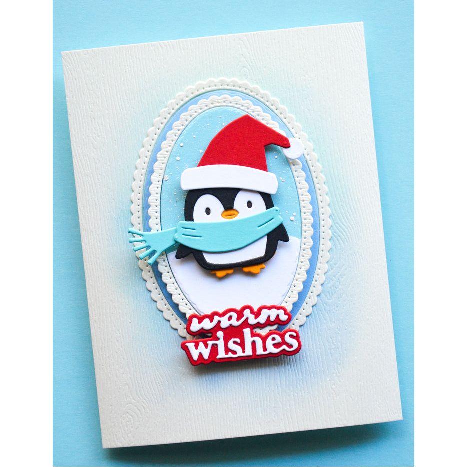 Poppy Stamps Nordic Noel Penguin Bundle red santa hat blue scarf snow warm wishes card