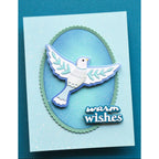Poppy Stamps Nordic Soaring Dove Dies 2792 white and blue dove blue oval background warm wishes card