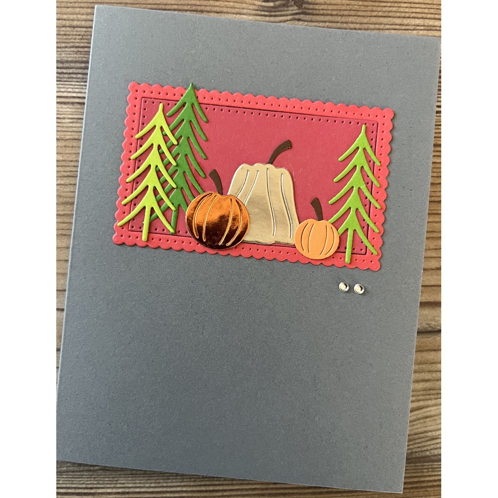 Poppy Stamps Pumpkin Patch Dies 2787 red square pumpkins by trees