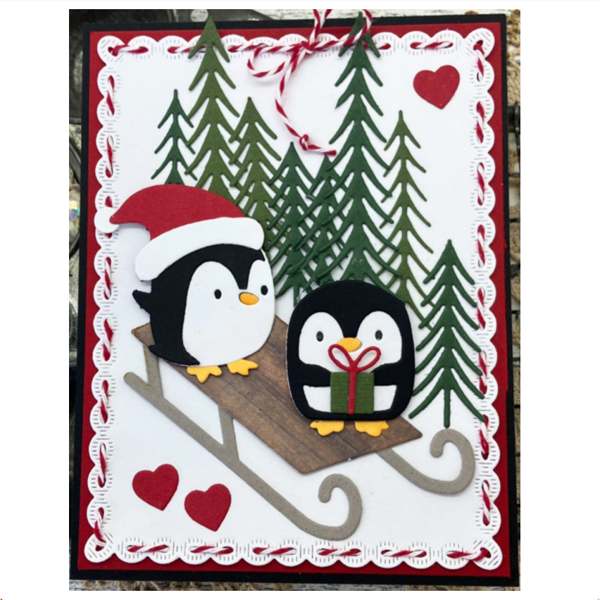 Poppy Stamps Santa Penguin Dies 2797 hearts and trees card