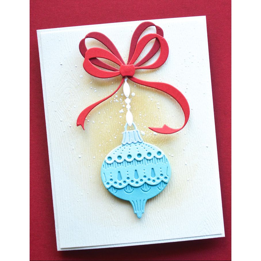 Poppy Stamps Satin Ribbon Dies 2803 blue ornament red bow whit background card