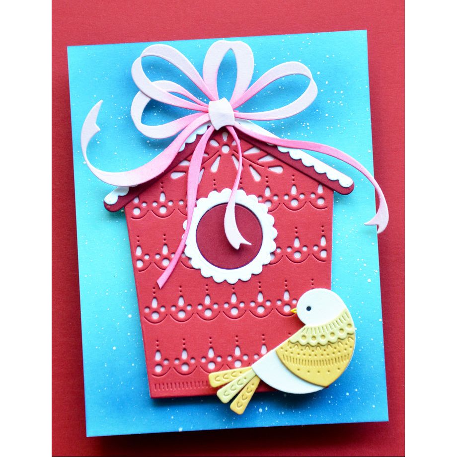 Poppy Stamps Satin Ribbon Dies 2803 red birdhouse pink bow yellow bird card