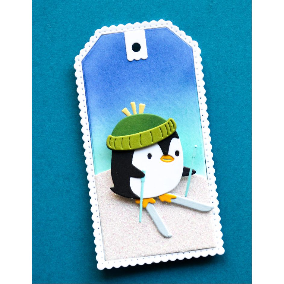 Poppy Stamps Ski Penguin Dies 2798 green hat sparkle snow tag card
