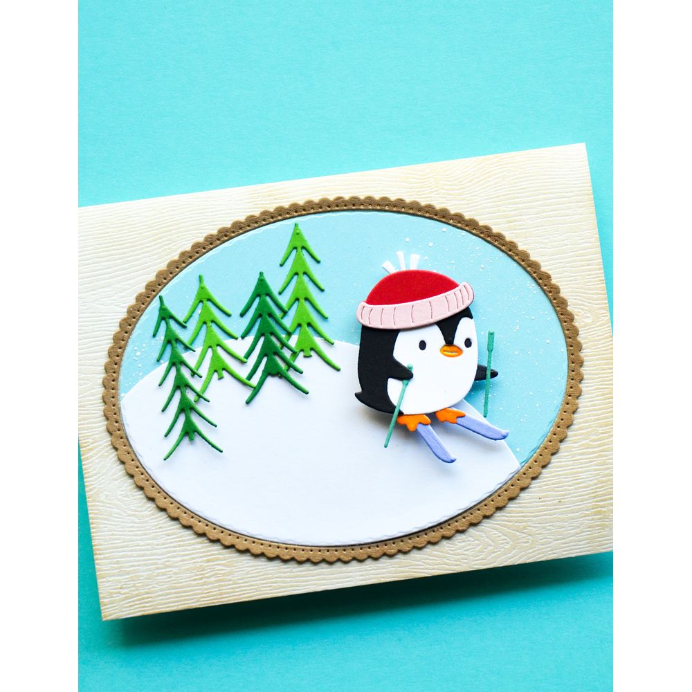 Poppy Stamps Ski Penguin Dies 2798 trees red hat wood pattern background card