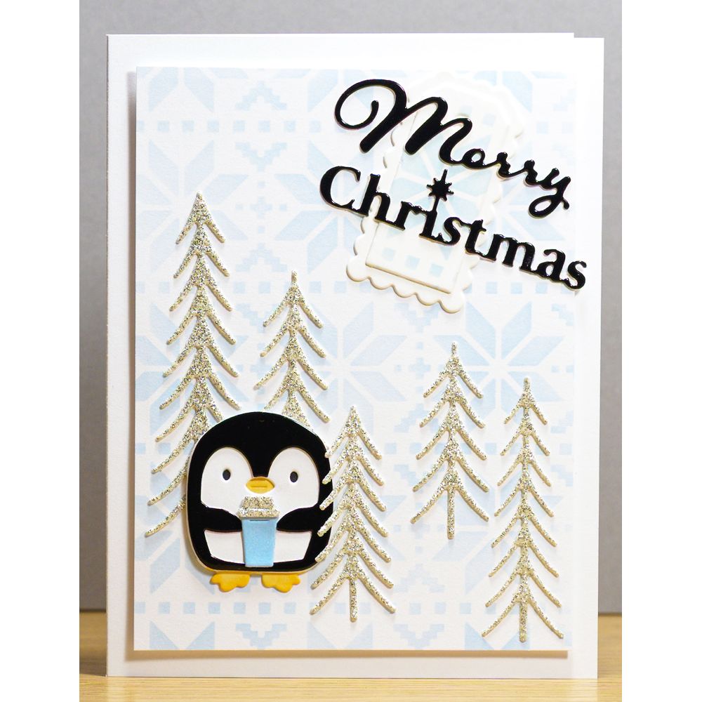 Poppy Stamps Trimmed Trees Dies 2794 penguin with trees hot coco christmas card