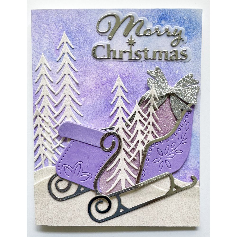 Poppy Stamps Trimmed Trees Dies 2794 purple sleigh silver sparkle bow christmas card