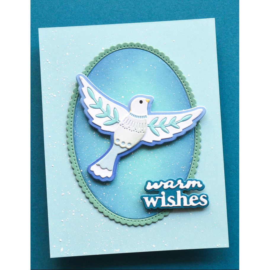 Poppy Stamps Warm Wishes Fluffy Script Dies 2807 blue bird dove green oval outline card