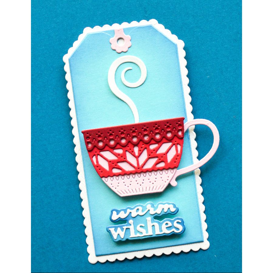 Poppy Stamps Warm Wishes Fluffy Script Dies 2807 red tea cup blue tag card