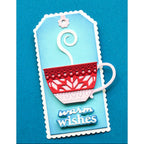 Poppy Stamps Warm Wishes Fluffy Script Dies 2807 red tea cup blue tag card