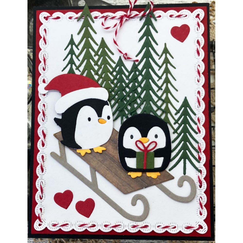 Poppy Stamps Winter Sled Dies 2799 penguins on sled red hearts 