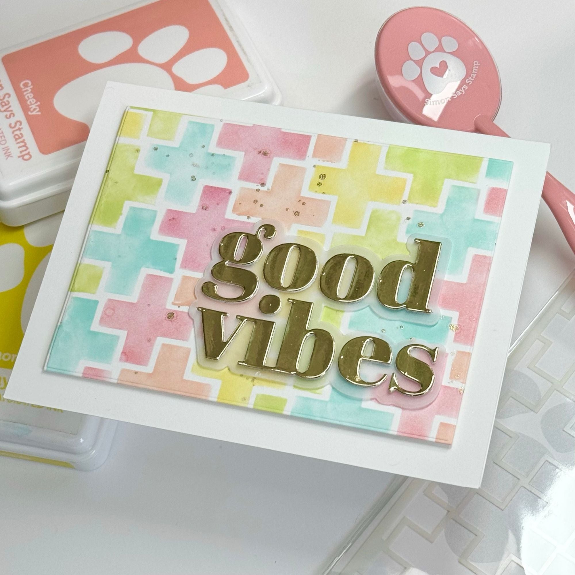 Simon Says Stamp Stencil Positivity 1040mt Sweet Wishes Good Vibes Card