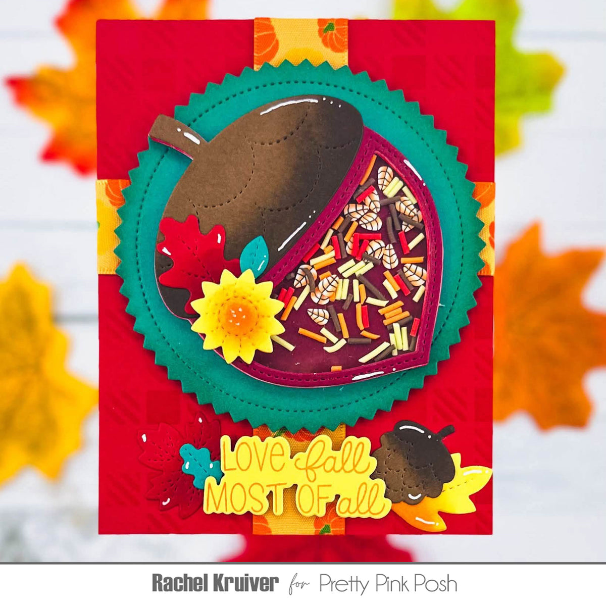 Pretty Pink Posh Autumn Woods Clay Confetti red background shaker card